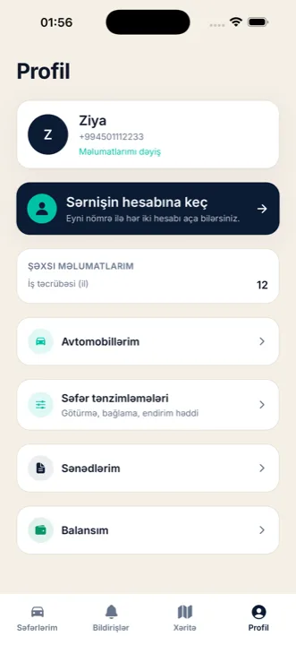 Səfər tətbiqində sürücü profili ekranı